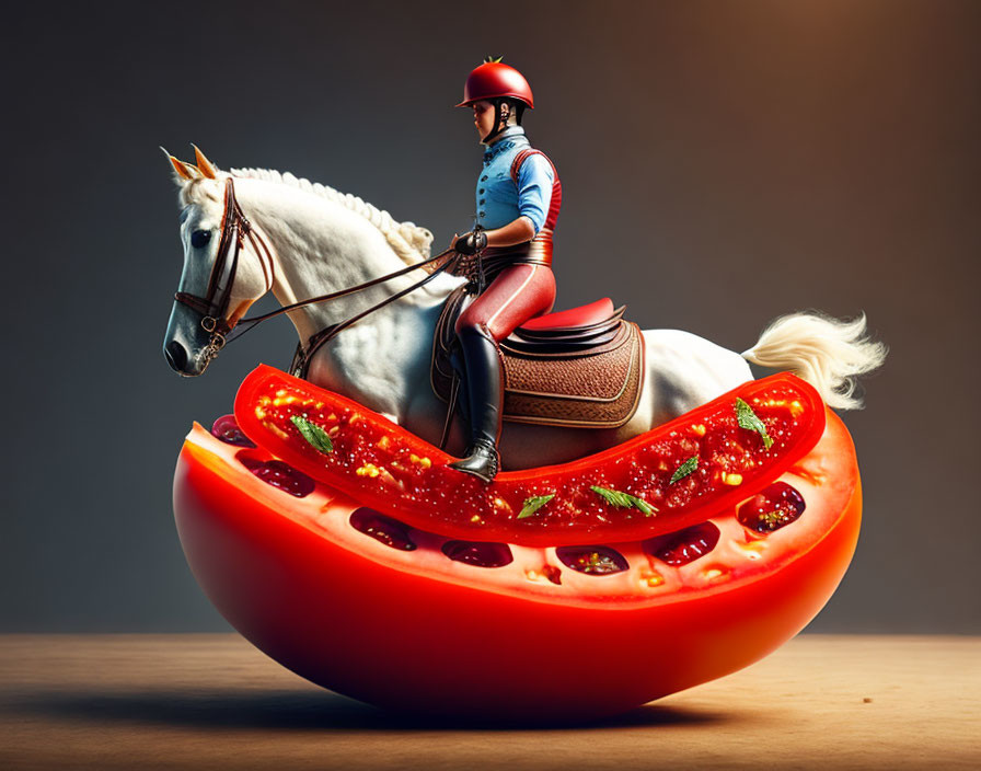 Person riding horse on giant tomato slice