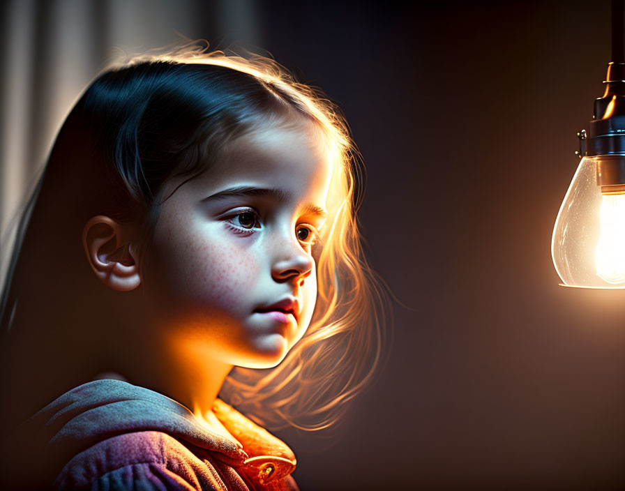 Young girl gazes at glowing light bulb in warm light