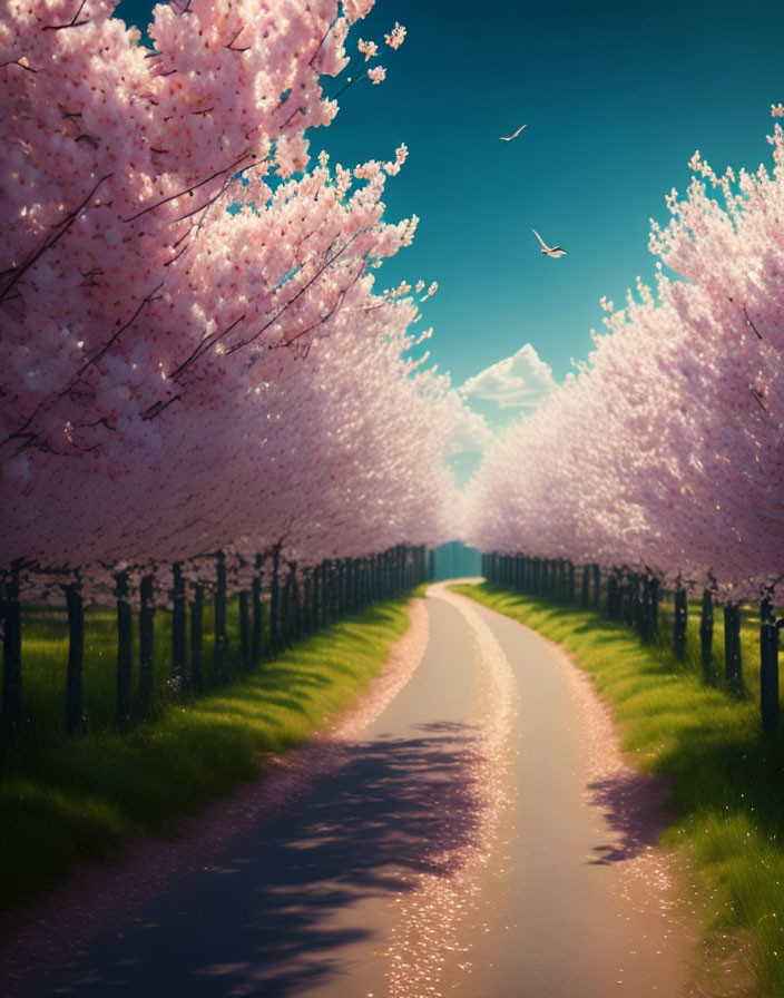 Scenic cherry blossom path with mountain backdrop