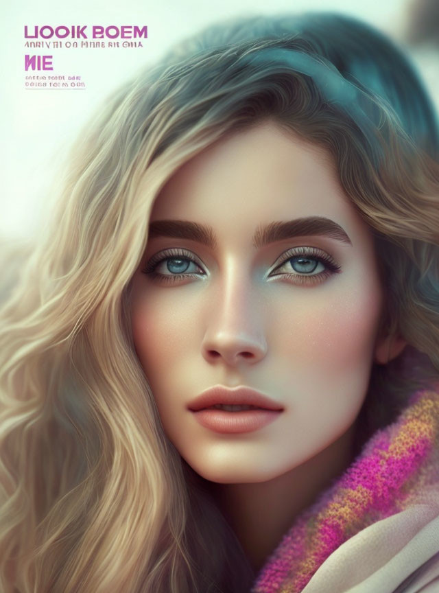 Portrait of woman with blue eyes, full lips, blonde hair, and colorful scarf