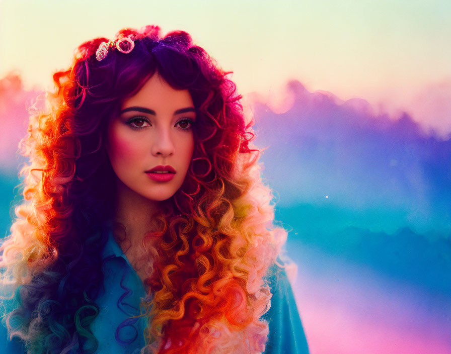 Vivid Curly Red Hair Woman with Floral Headpiece