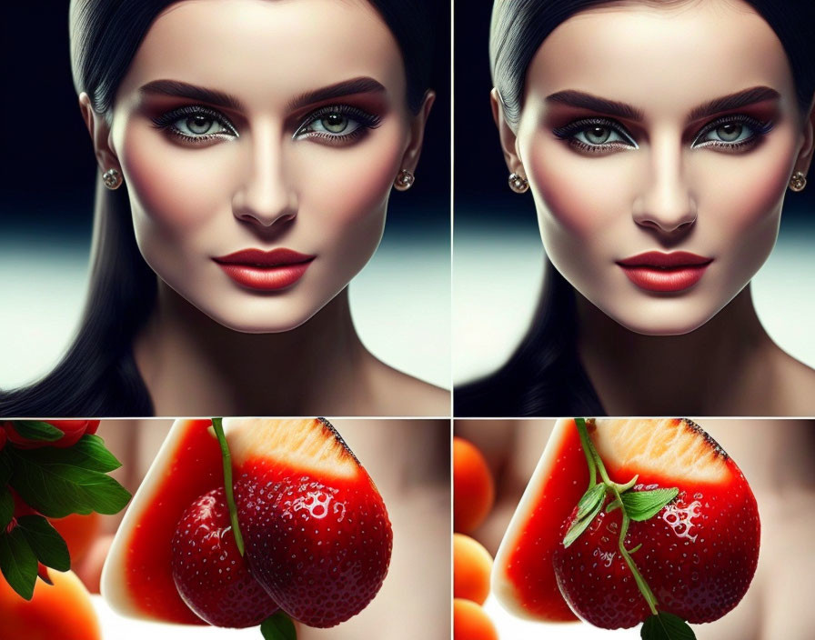 Collage featuring woman's portrait and ripe strawberries with varying hues and lighting