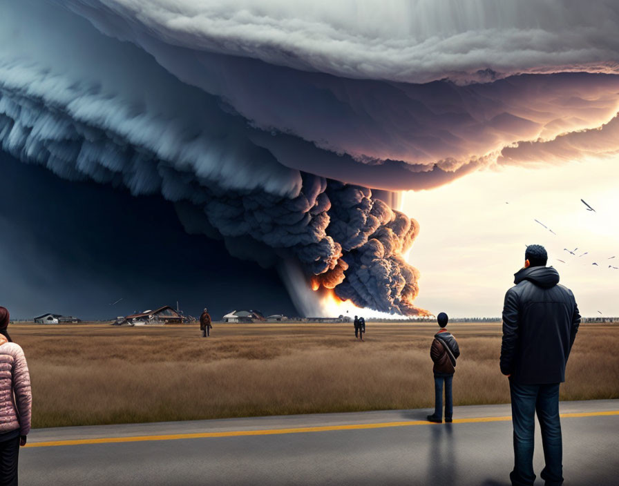 Spectators view ominous cloud over fiery explosion.