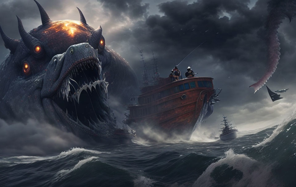 Monstrous sea creature with glowing eyes and sharp teeth near boats in stormy sky.