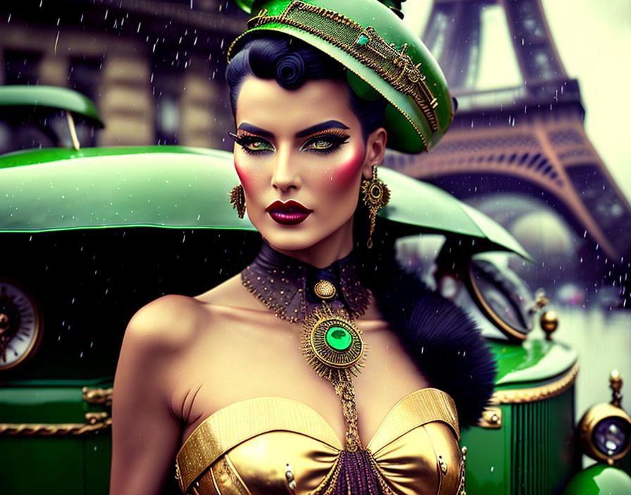 Retro-futuristic woman in green and gold costume by vintage car.