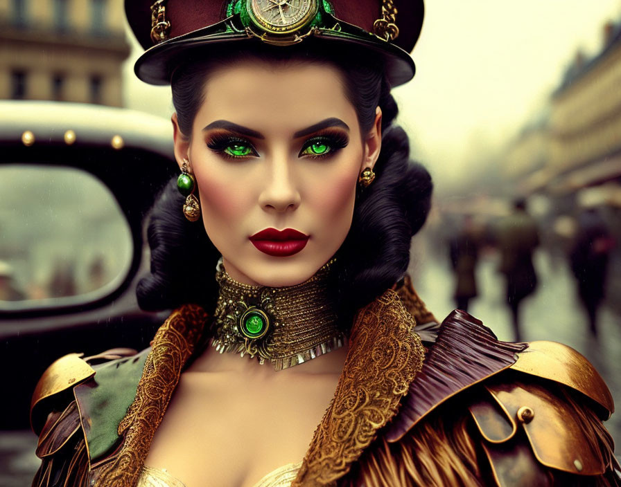 Steampunk-themed woman with top hat and vibrant makeup