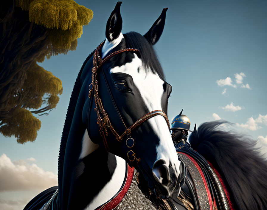 Black horse with white facial markings and knight under blue sky