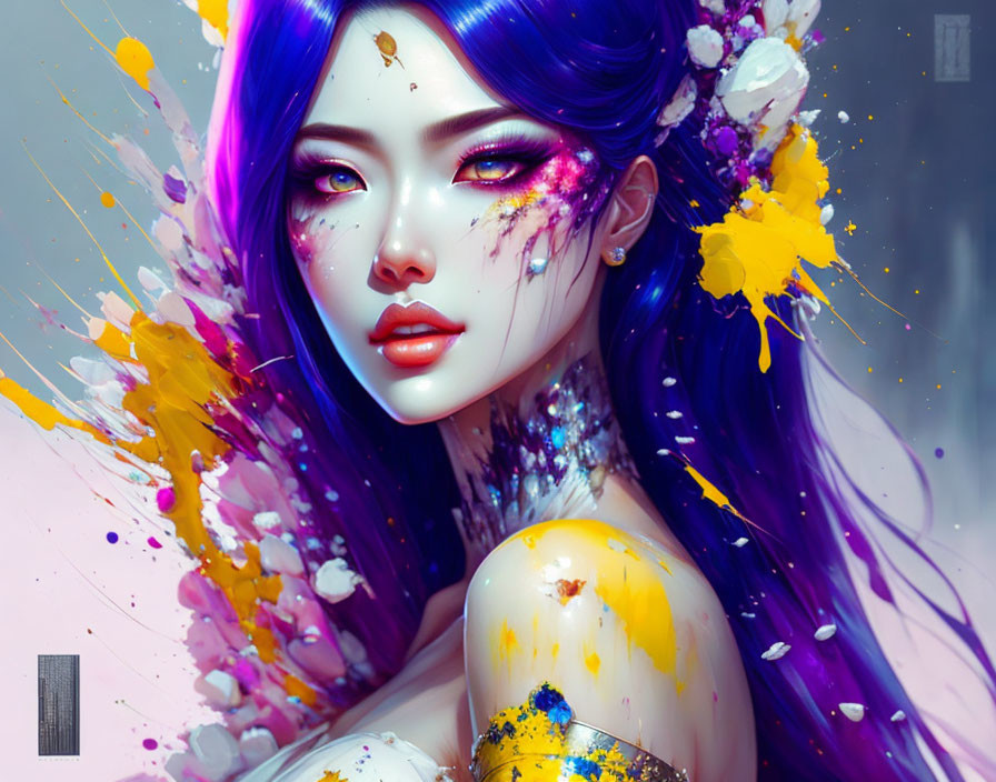 Vibrant digital artwork: Woman with purple hair and yellow/white paint effects