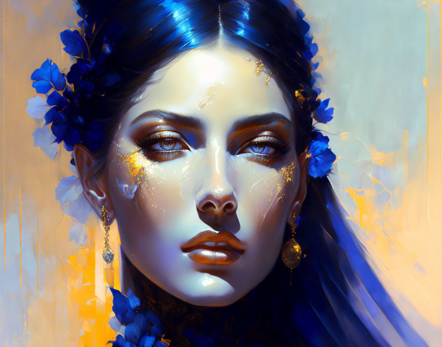 Digital painting of woman with blue flowers, golden tears, and blue eyes