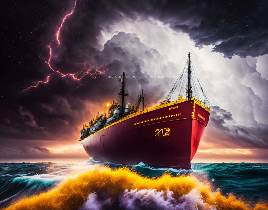 Large Red Ship Battling Stormy Seas with Lightning and Dark Skies