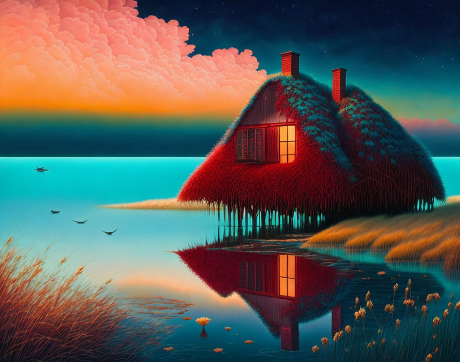 Thatched-Roof Cottage by Calm Lake at Dusk