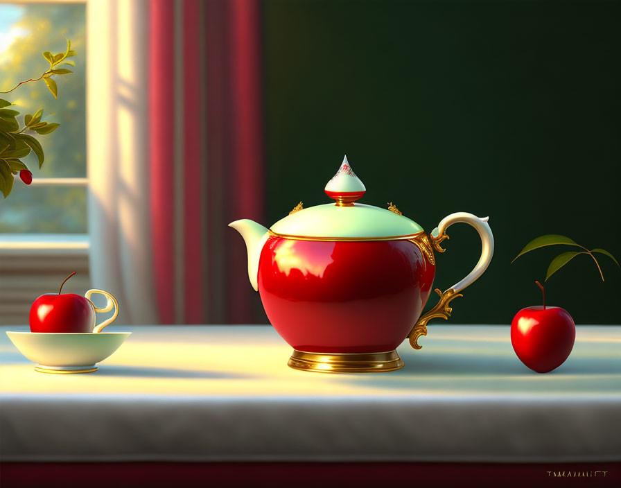 Red Teapot with Gold Base & Apple Cup on Windowsill