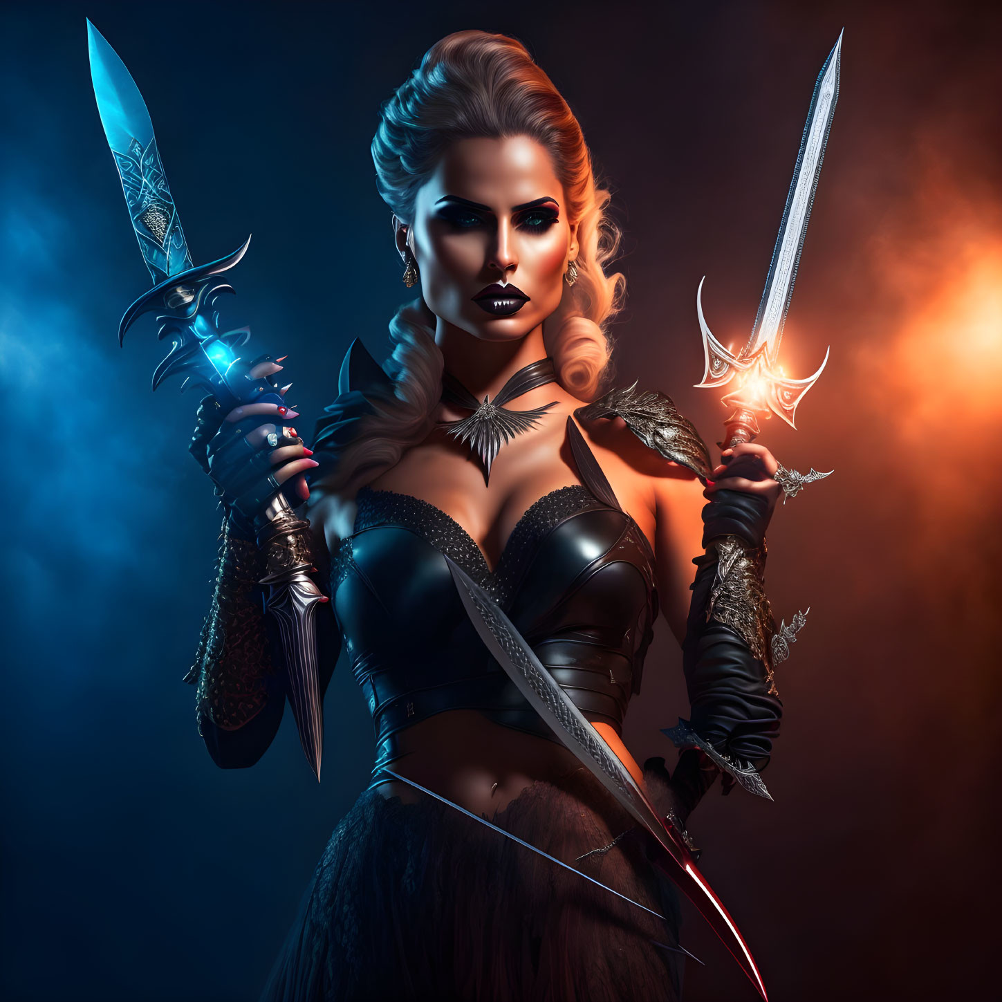 Fantasy warrior woman with decorated swords and icy blue hair on fiery backdrop