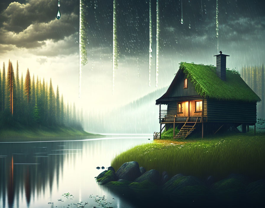 Wooden cabin with grassy roof by serene lake in pine forest under dramatic sky.