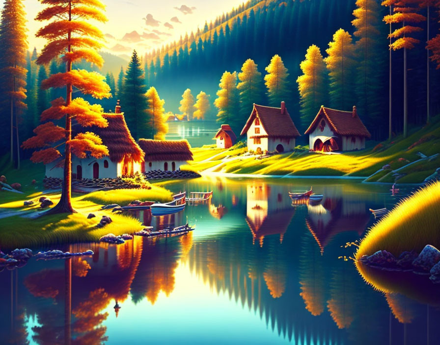 Tranquil lakeside scene: charming houses, lush trees, boat, and sunset reflection