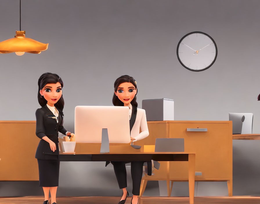 Two female animated characters in office setting with computers and wall clock.