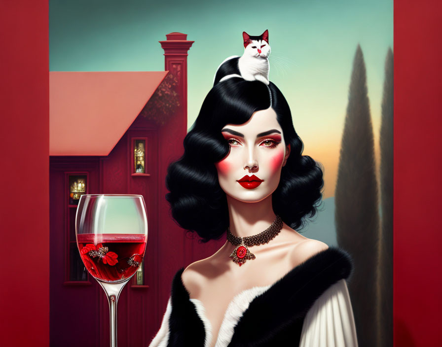 Stylized woman with dark hair, red lips, white cat, fur shawl, red wine