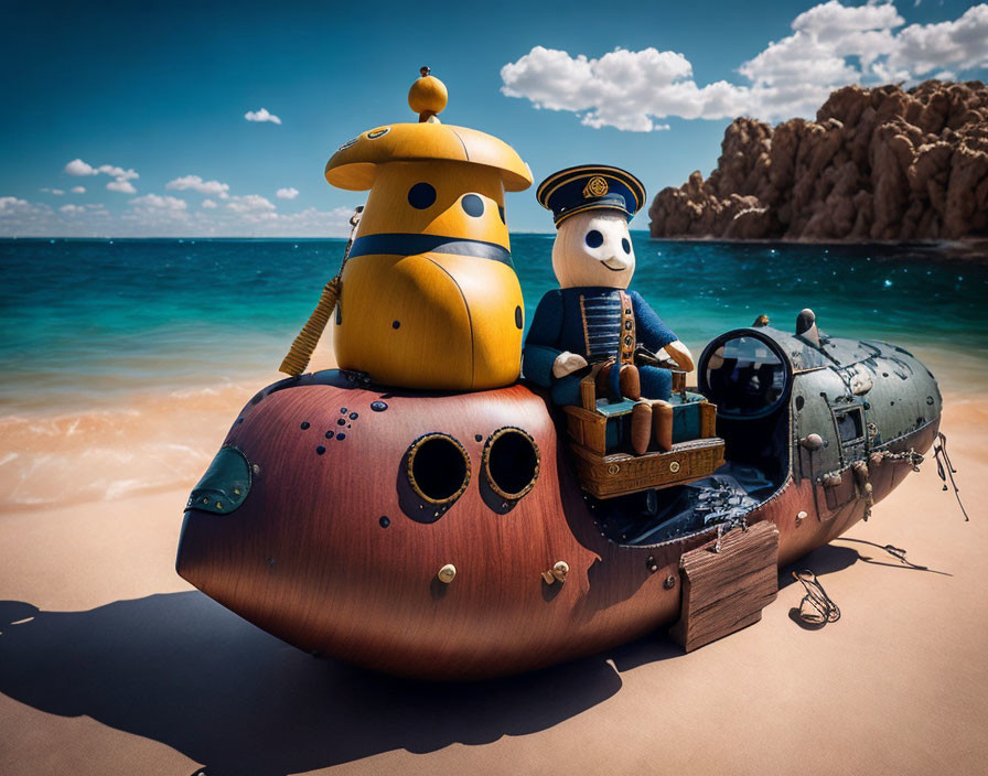 Sailor and robot on whimsical submarine at beach with cliffs