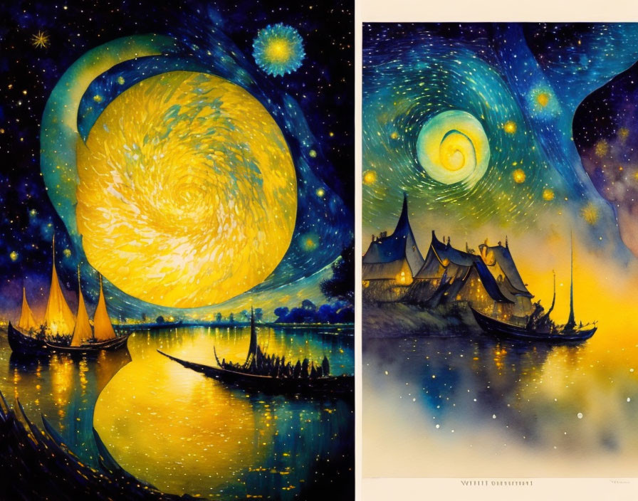 Vibrant paintings of starry nights with golden moon and sailing ships