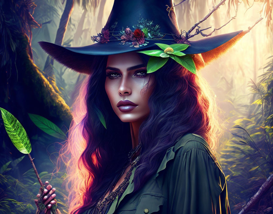 Mystical woman with striking makeup in wide-brimmed hat in enchanted forest