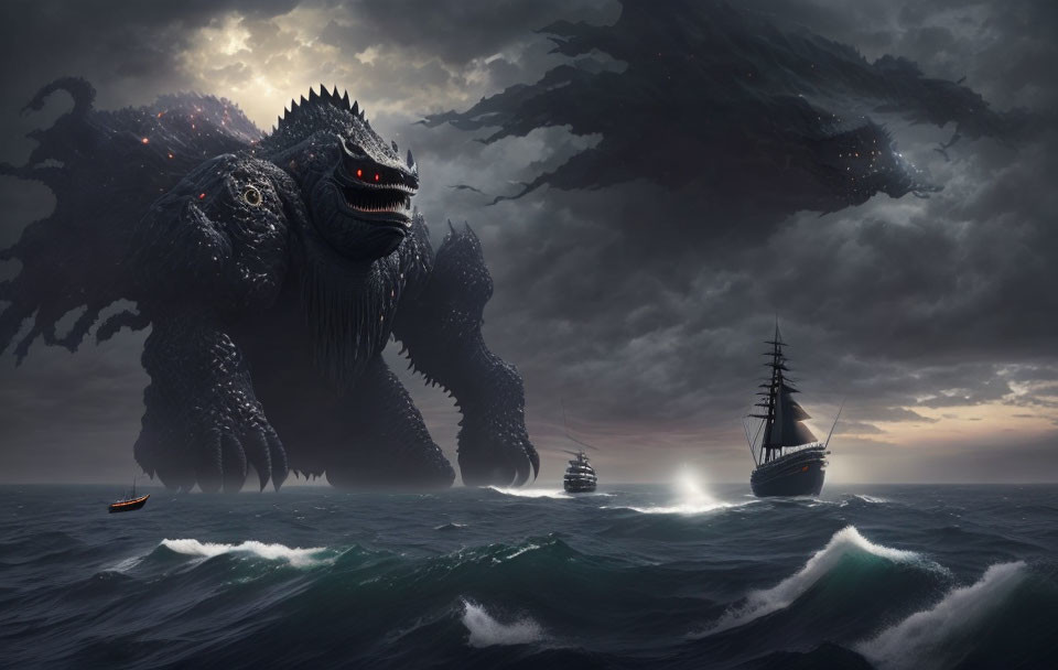 Gigantic monster emerges from stormy sea near ships