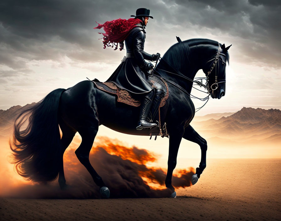 Person in top hat riding black horse in desert with dust and mountains.