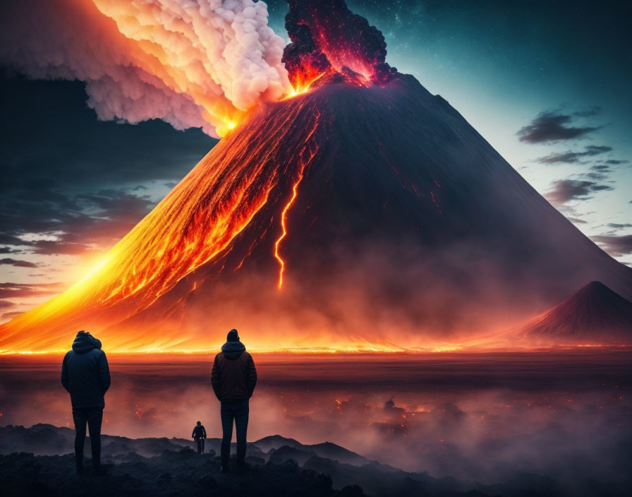 Erupting volcano with flowing lava and ash plume at twilight