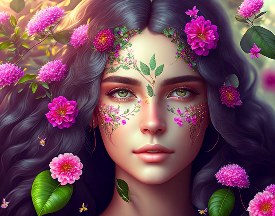 Digital artwork: Woman with floral hair, green eyes, bees, and floral backdrop.