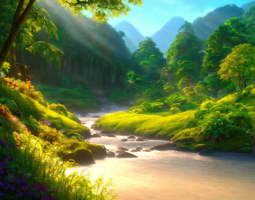 Tranquil river in lush, mossy landscape with waterfalls