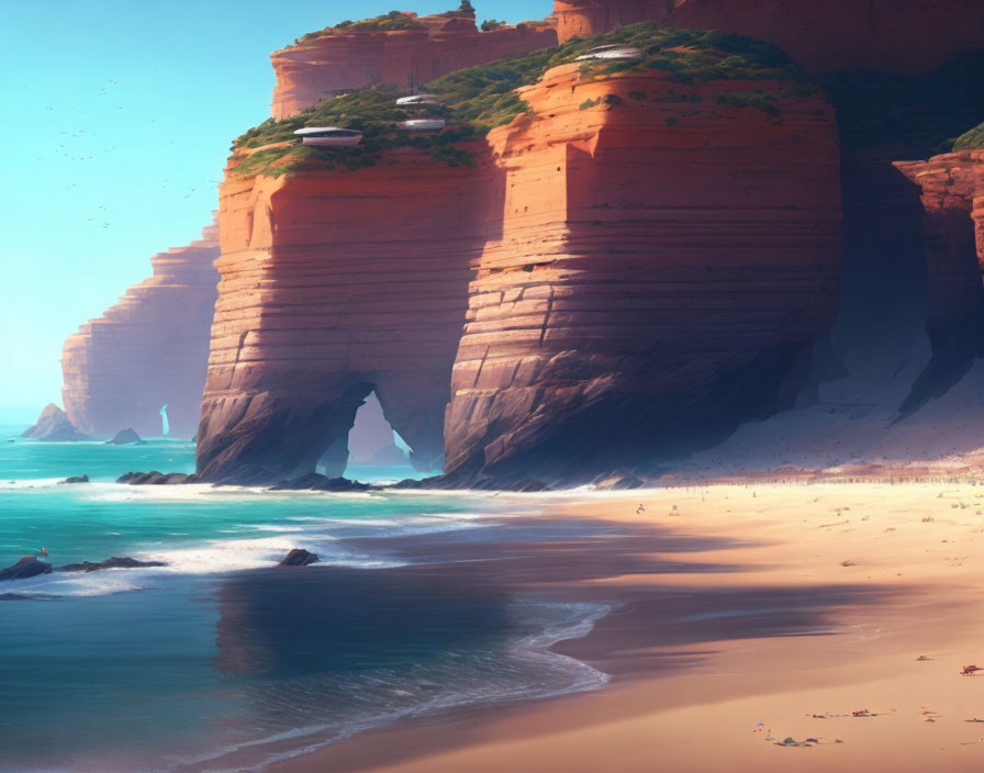 Vibrant digital artwork: Red cliffs, archways, beach, azure waters