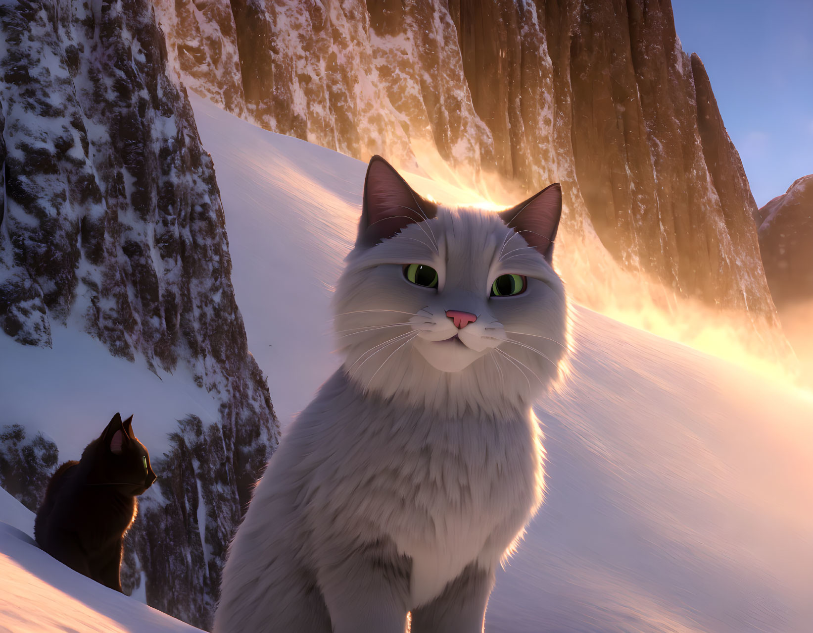 Fluffy white cat with green eyes, black cat, snowy mountain cliffs