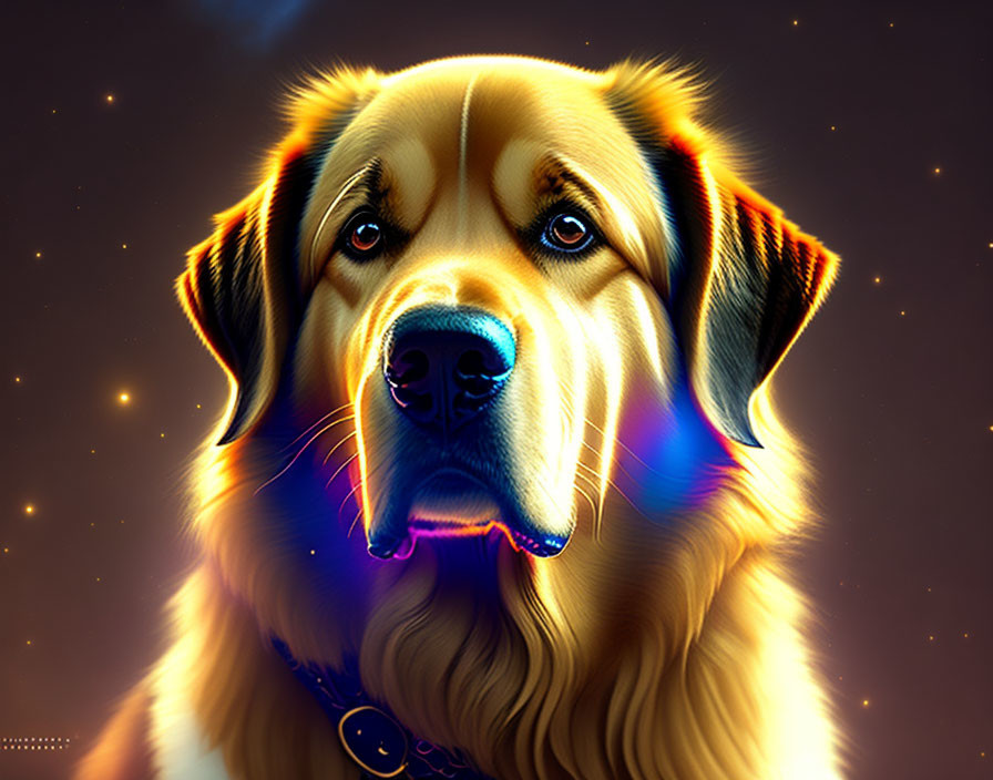 Vibrant neon dog art against cosmic backdrop