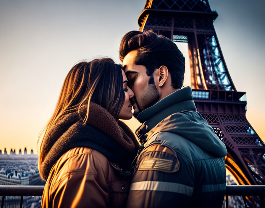 Romantic couple kissing with Eiffel Tower at sunset