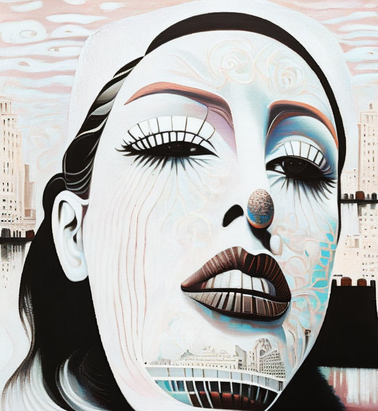 Stylized female face with urban landscape reflection on pale background