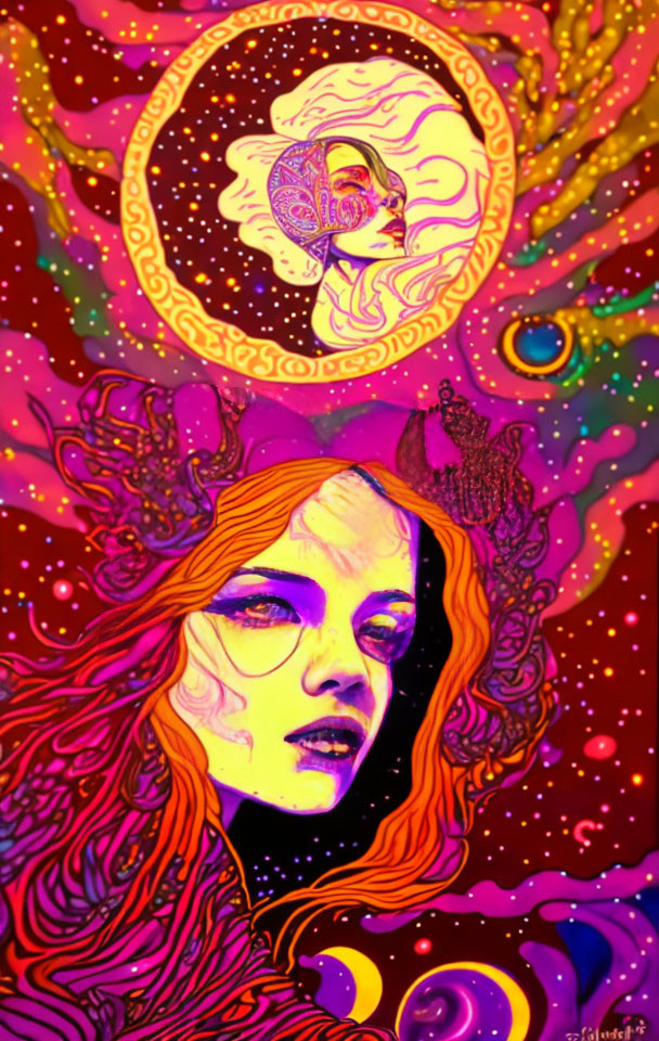 Colorful psychedelic portrait of a woman with red hair on celestial background