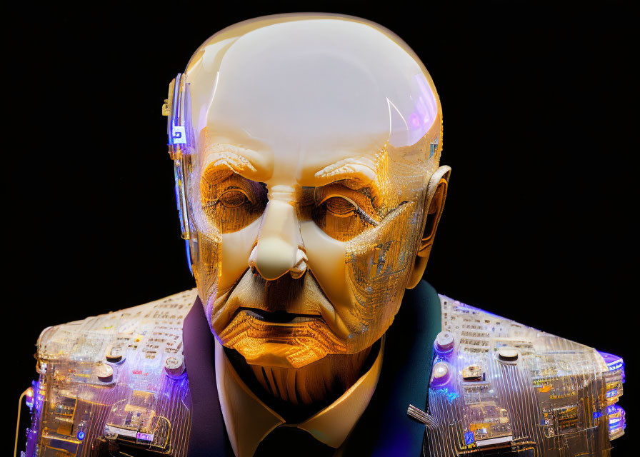 Translucent humanoid robot head with internal circuitry on dark background