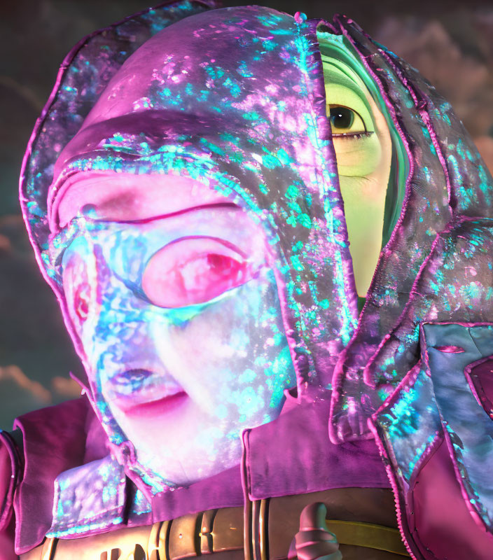 Vibrant portrait of person in iridescent balaclava and goggles