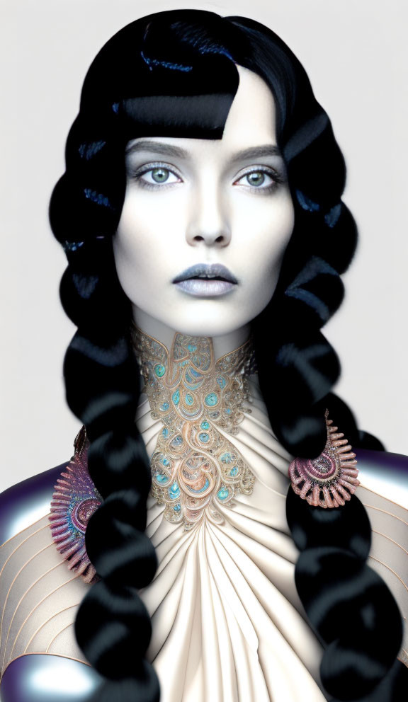 Stylized portrait of a woman with blue skin and ornate jewelry