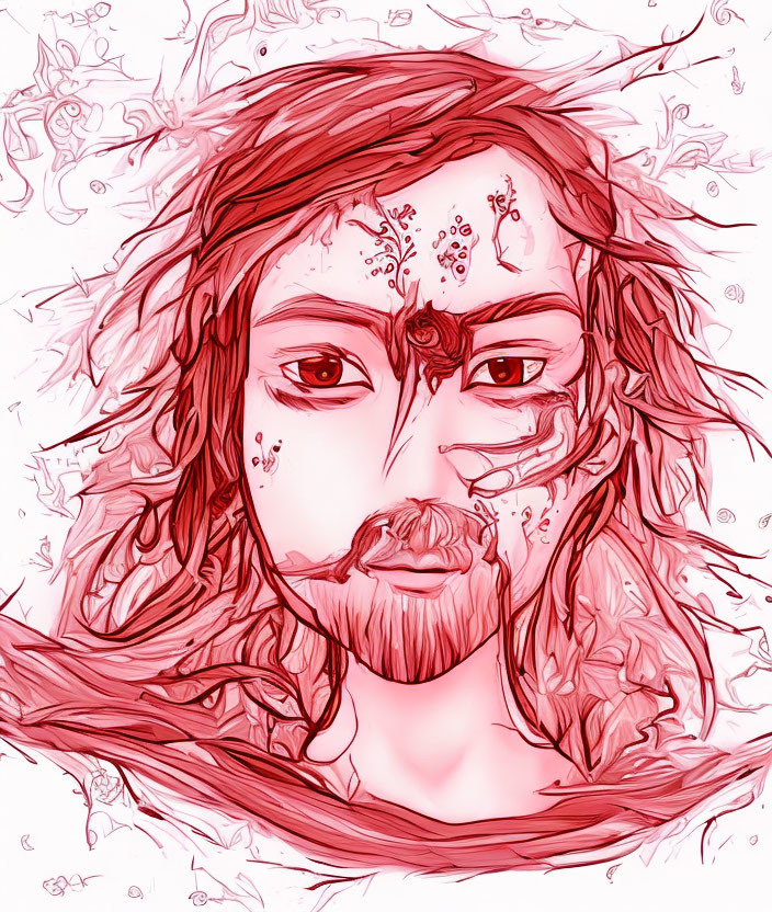 Intricate red line art of person with third eye and wavy patterns