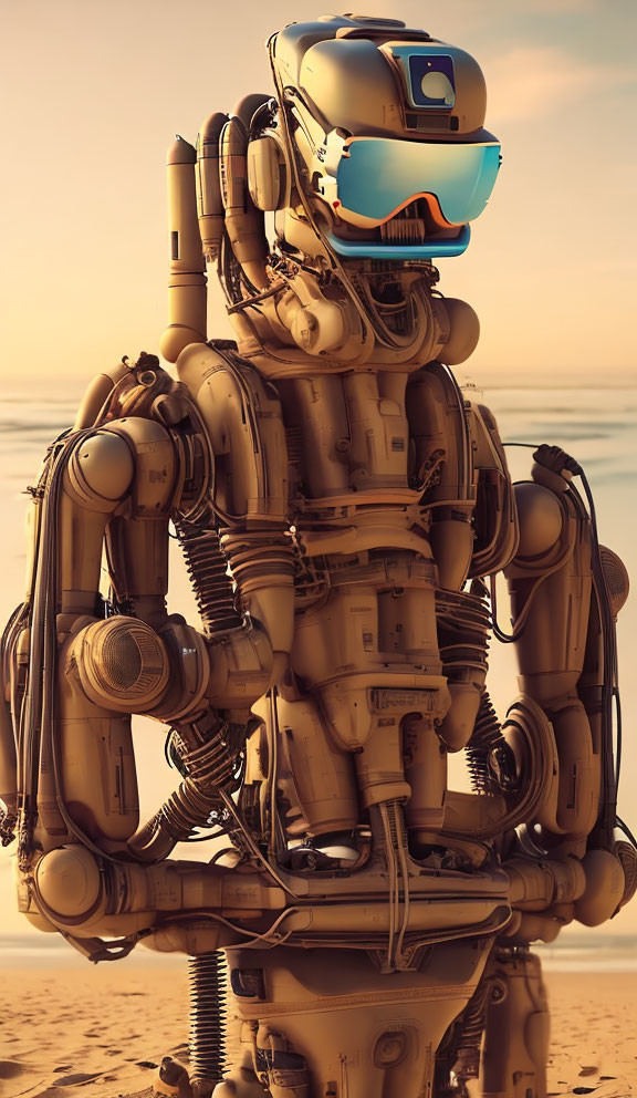 Futuristic robot with VR headset in desert setting