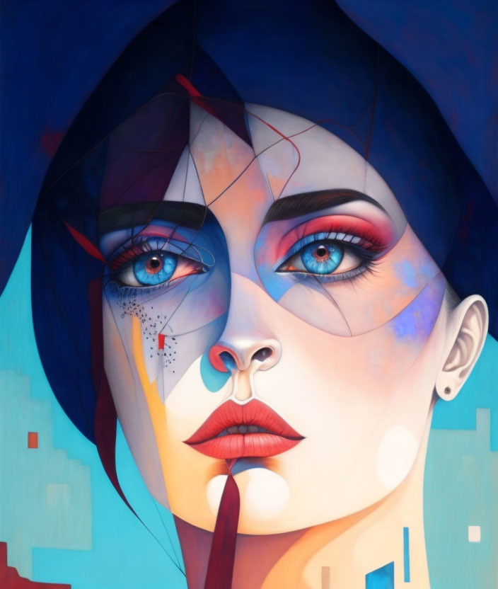 Vibrant surreal portrait of a woman with bold makeup and geometric shapes