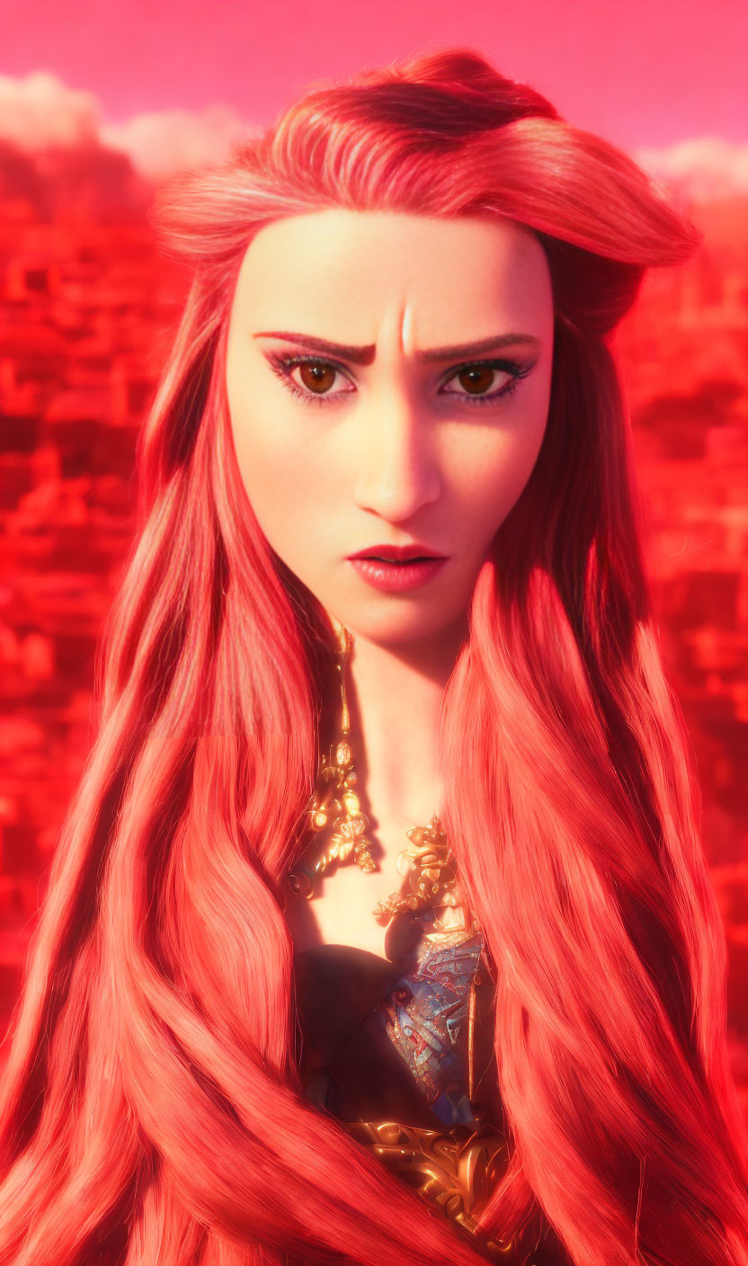 Detailed 3D-animated female character with red hair and golden armor under crimson sky