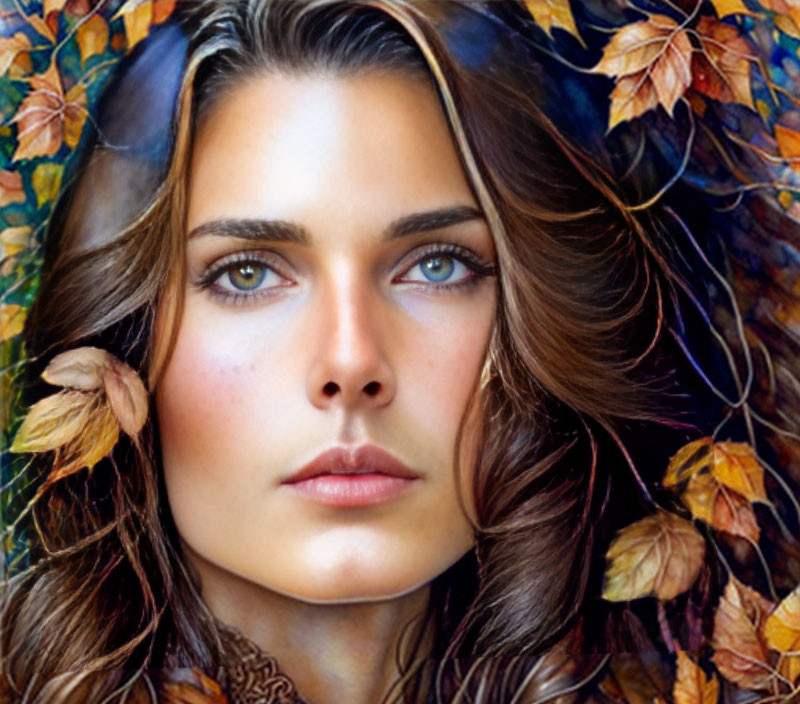 Woman with Blue Eyes in Autumn Leaves with Brown Hair