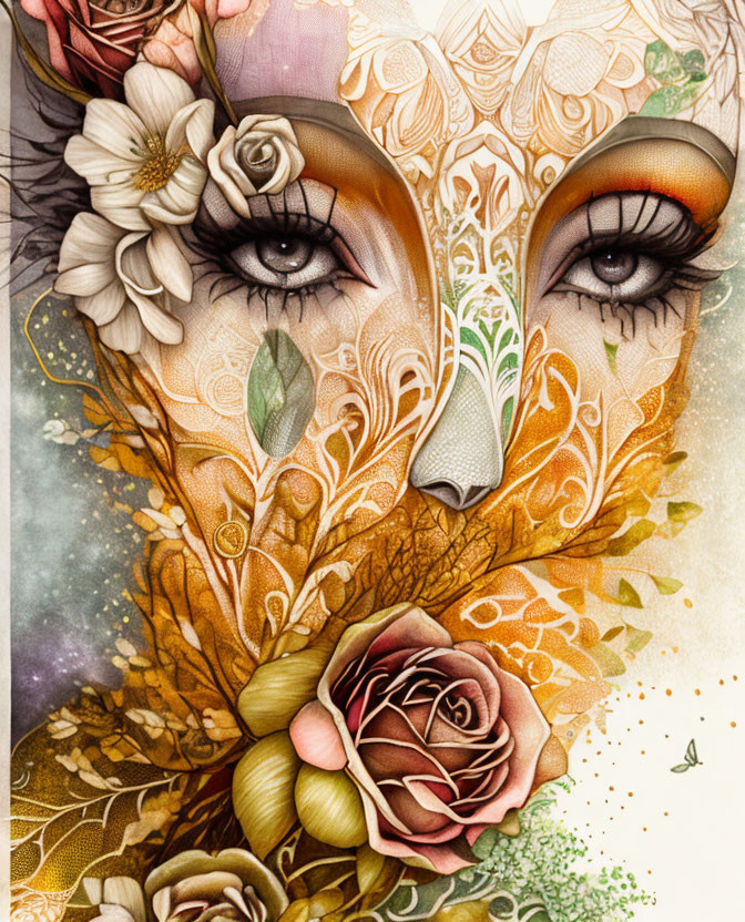 Detailed floral patterns merge with woman's face in vibrant earthy tones