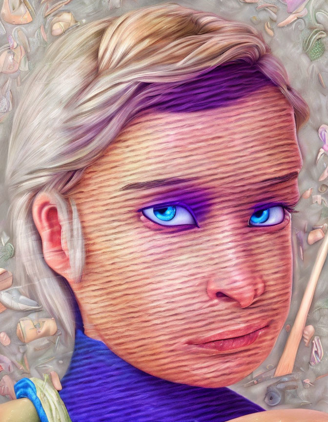 Digital portrait features blonde hair and blue eyes on pink background with stylized textures.