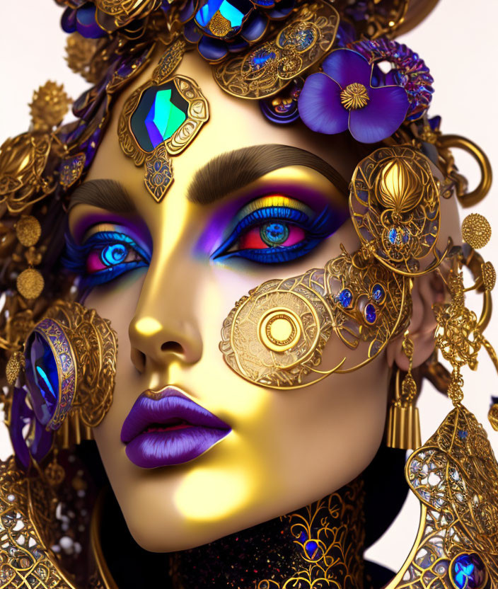 Detailed Digital Artwork: Woman with Golden Headdress and Vibrant Makeup