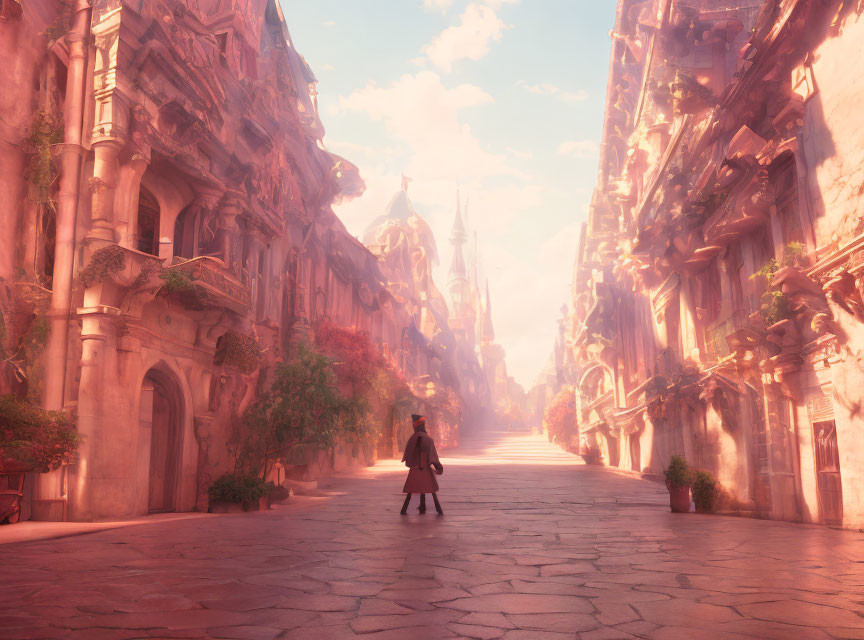 Person walking in coat through abandoned city with dilapidated buildings