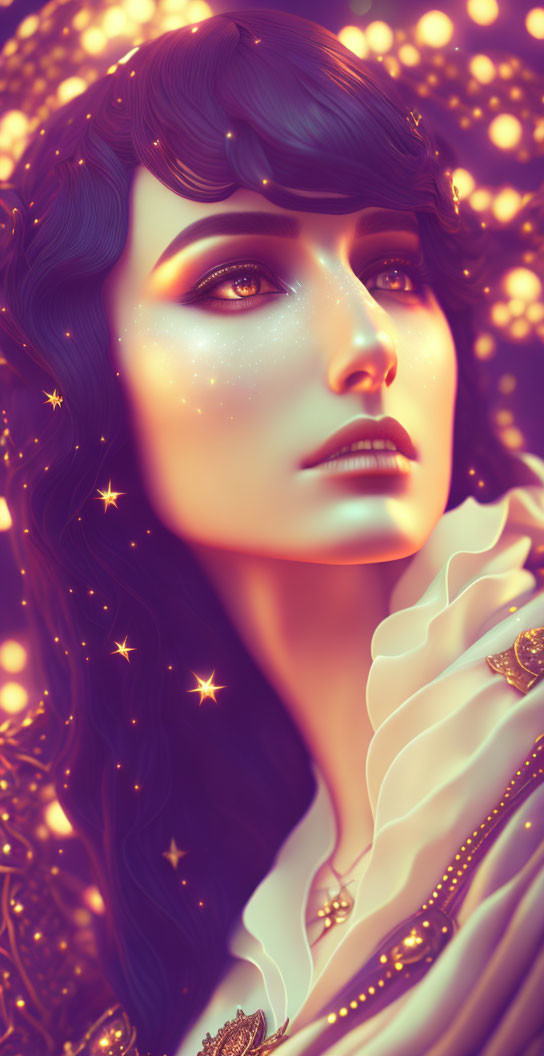 Dark-Haired Woman Stargazing in Celestial Digital Art