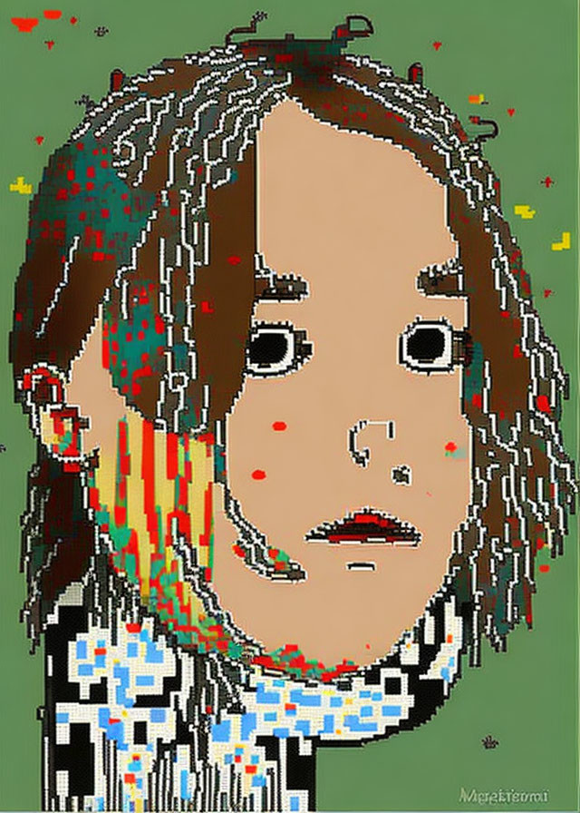 Detailed pixelated digital portrait of a person with dreadlocks in patterned garment against green and yellow backdrop