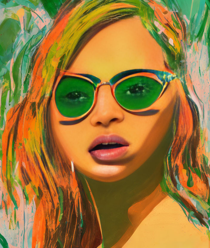 Vibrant portrait with sunglasses on abstract green, orange, and yellow background